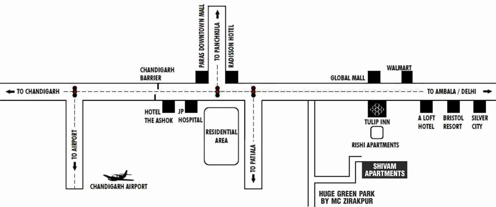 location map of kiran apartments vip road zirakpur